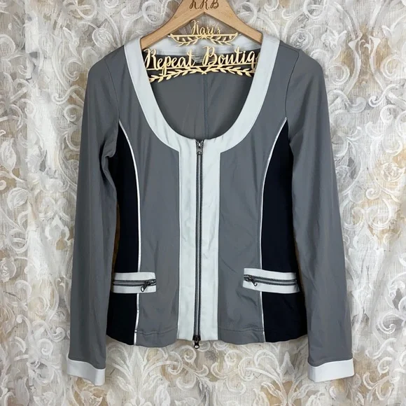 Boston Proper Sport Grey Black Zip up blazer jacket lightweight colorblock small - Picture 1 of 11